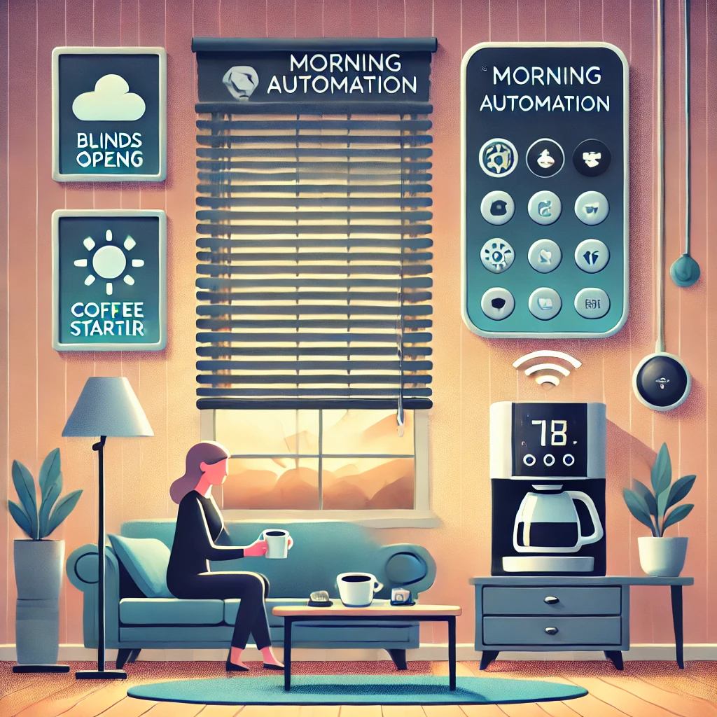 Illustration d'un scénario du matin avec des appareils Shelly