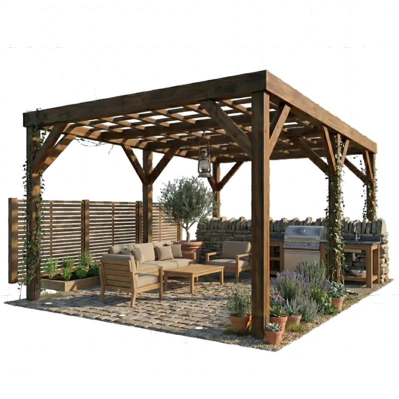 Aménagement extérieur Renotech Moselle — pergola bois sur mesure, clôtures, terrasses pierre, petite maçonnerie en Moselle 57