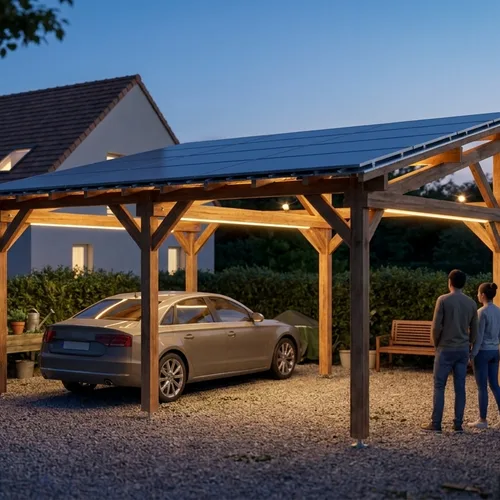 Carport solaire en bois à la tombée du jour, toit couvert de panneaux photovoltaïques, une voiture garée dessous - Laurentz Énergies