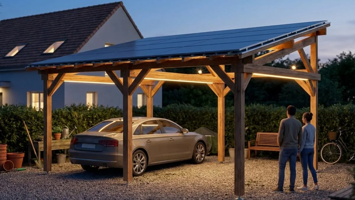 Carport solaire en bois à la tombée du jour, panneaux photovoltaïques sur le toit, une voiture garée dessous