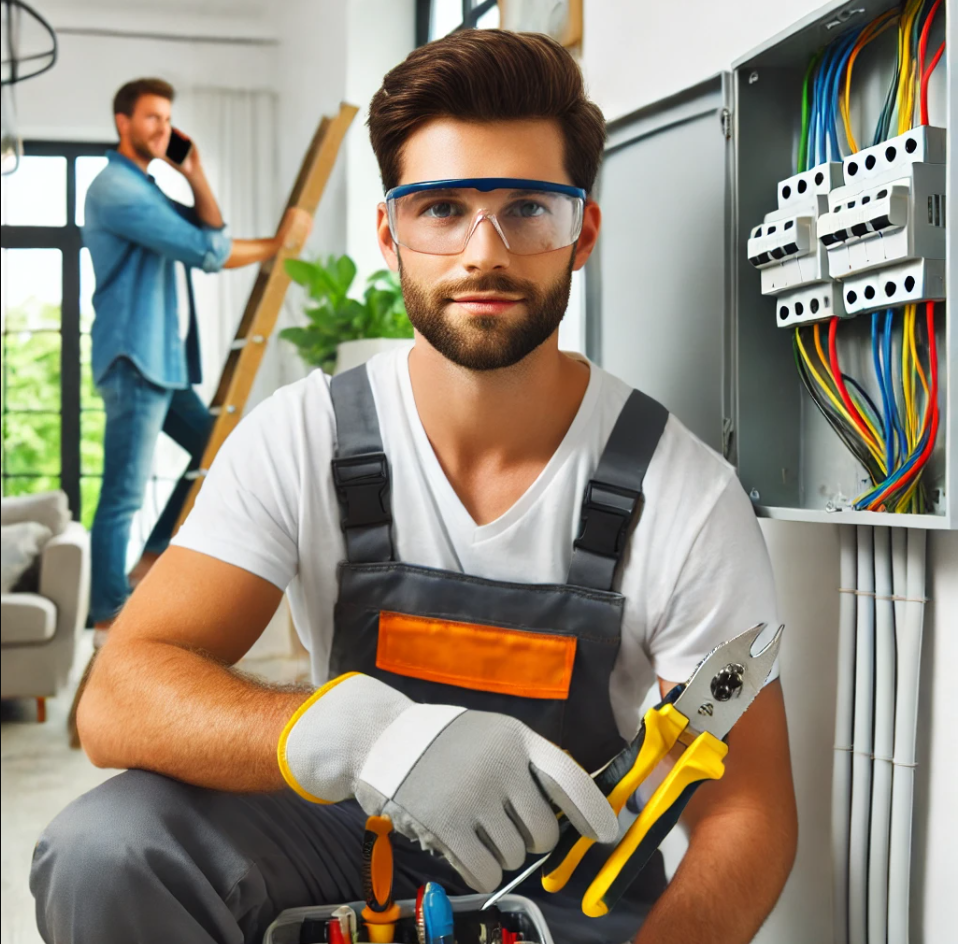 Électricien professionnel tenant des outils, prêt à effectuer des réparations.