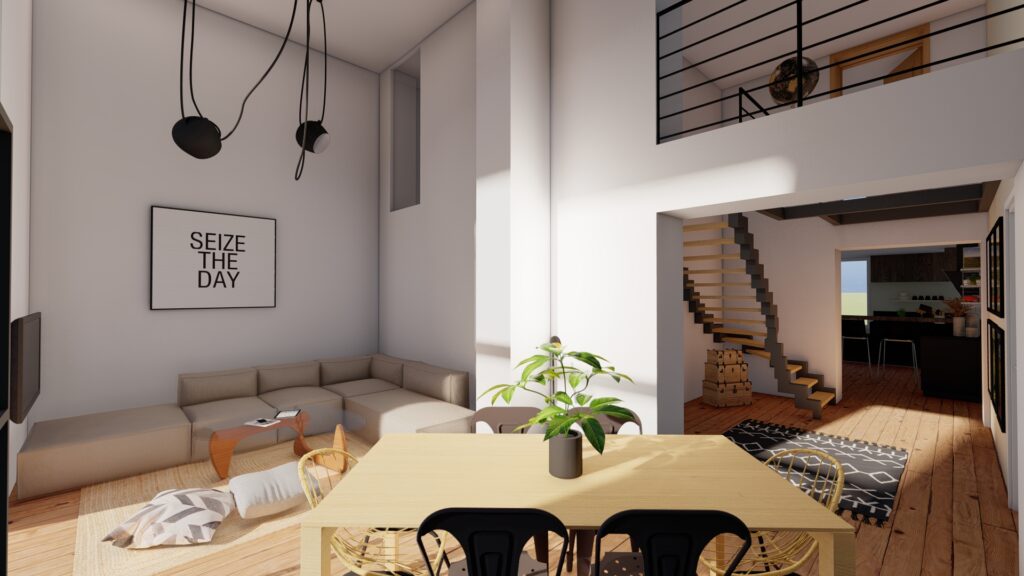 Vue d'un salon moderne avec un canapé beige, une table basse en bois et une plante en pot.
