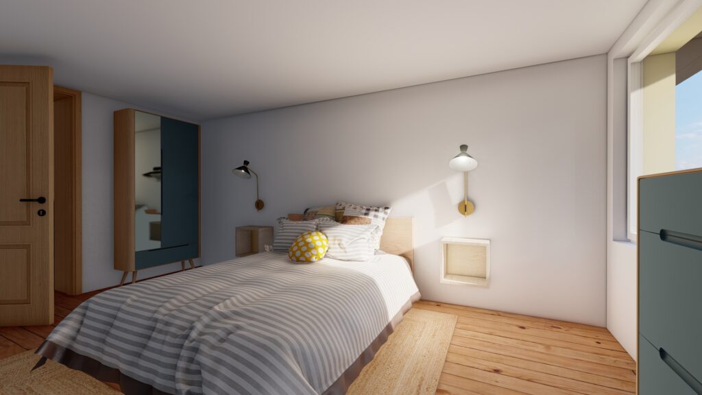Chambre d'amis avec un lit double, des lampes murales et une armoire en bois.