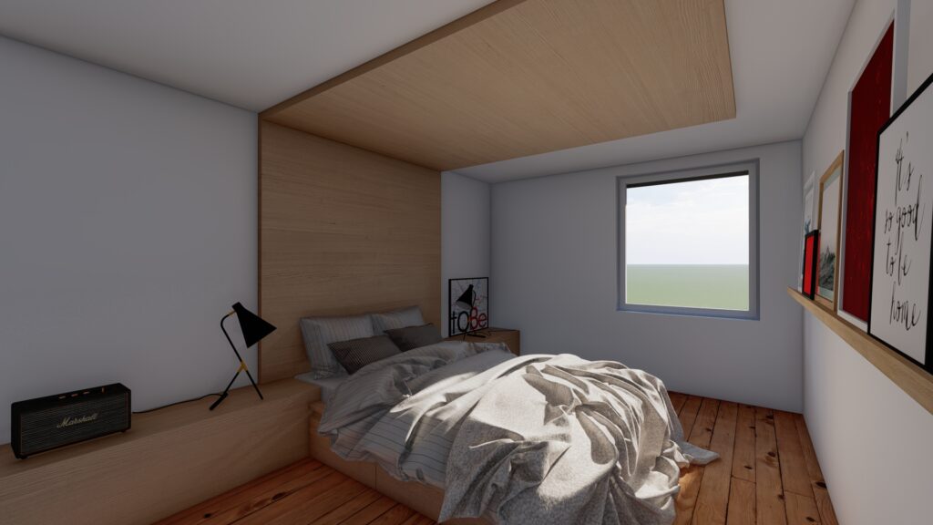 Chambre principale avec un lit double, une table de chevet et une grande fenêtre.