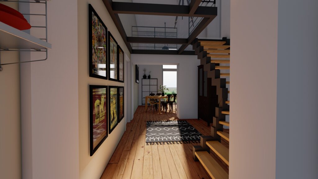 Couloir décoré avec des affiches encadrées et un tapis moderne, menant à la salle à manger.