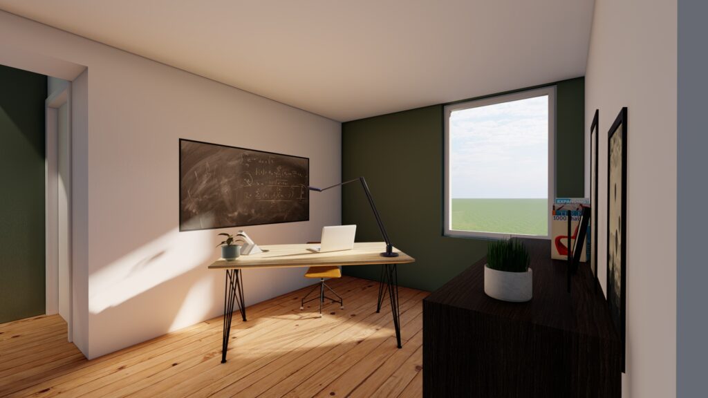 Espace de travail avec un bureau en bois, une grande fenêtre et un tableau noir au mur.