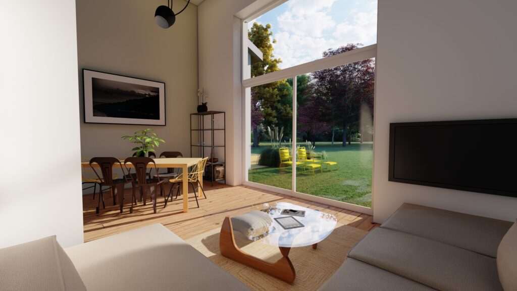Salon avec de grandes fenêtres, un canapé beige et une table basse en bois, offrant une vue sur le jardin.