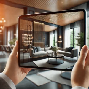 Agent immobilier montrant une visite virtuelle sur une tablette.
